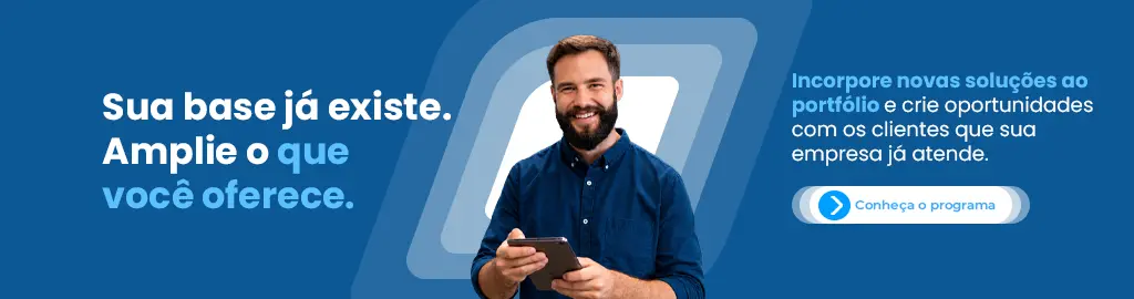 Banner do Programa de Canais Dígitro com profissional segurando tablet e mensagem sobre ampliar o portfólio de soluções para clientes existentes.