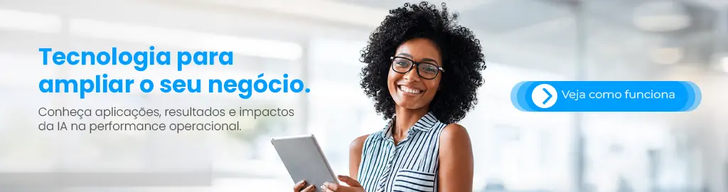 Banner com profissional segurando tablet e mensagem sobre tecnologia para ampliar negócios, com aplicações de inteligência artificial e melhorias operacionais.
