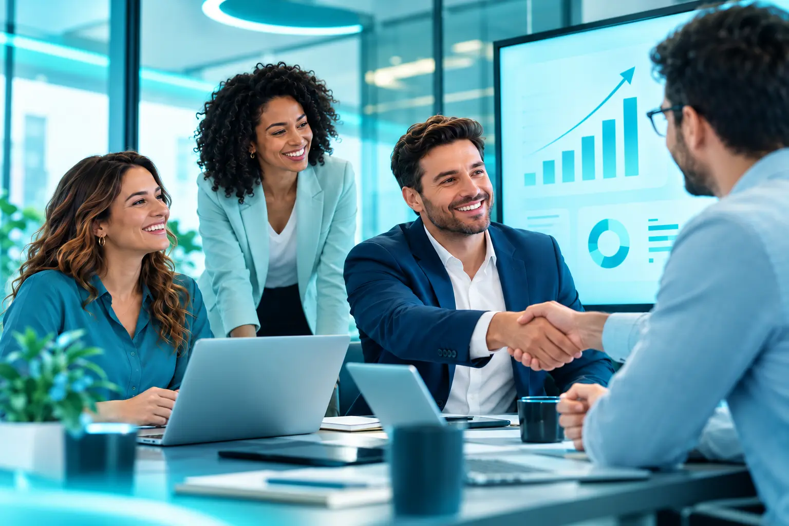 Equipe de negócios em reunião, com aperto de mãos e gráficos de crescimento ao fundo, representando o Programa de Canais Dígitro.