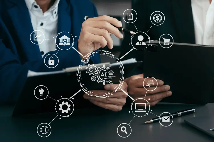 Ilustração representando a transformação digital nas empresas, com integração de tecnologia, dados, automação e comunicação conectando processos e impulsionando resultados de negócio.