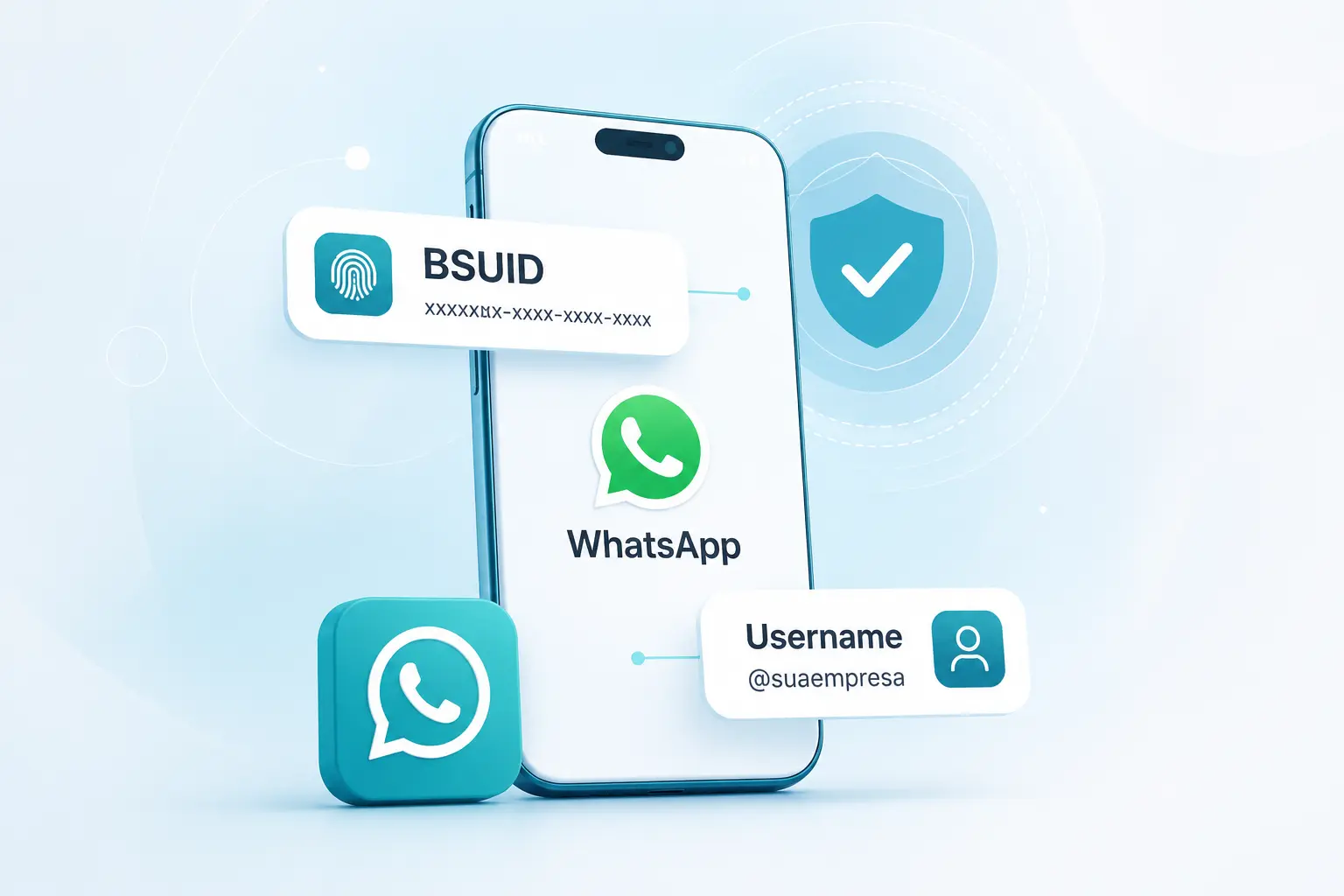 Ilustração representando o BSUID e o Username no WhatsApp, novos identificadores que impactam a identificação de usuários, integrações e operações de atendimento.