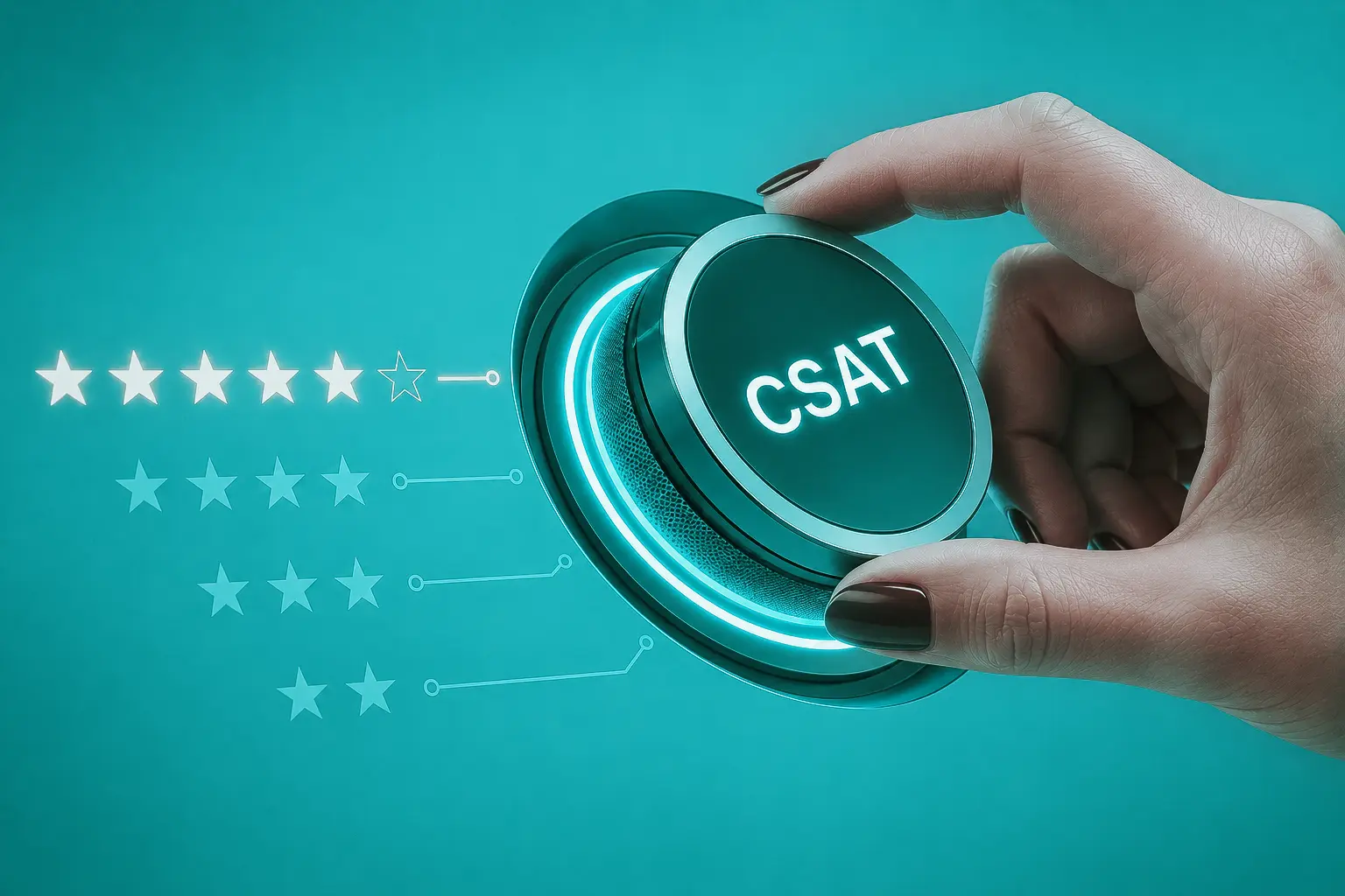 Mão ajustando indicador de CSAT com estrelas que representam a satisfação do cliente.