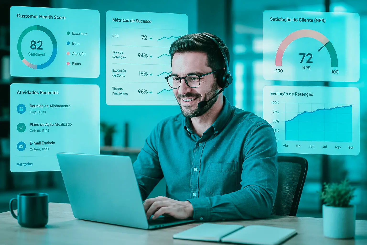 Profissional de Customer Success acompanhando métricas de NPS, retenção e Health Score em dashboard.