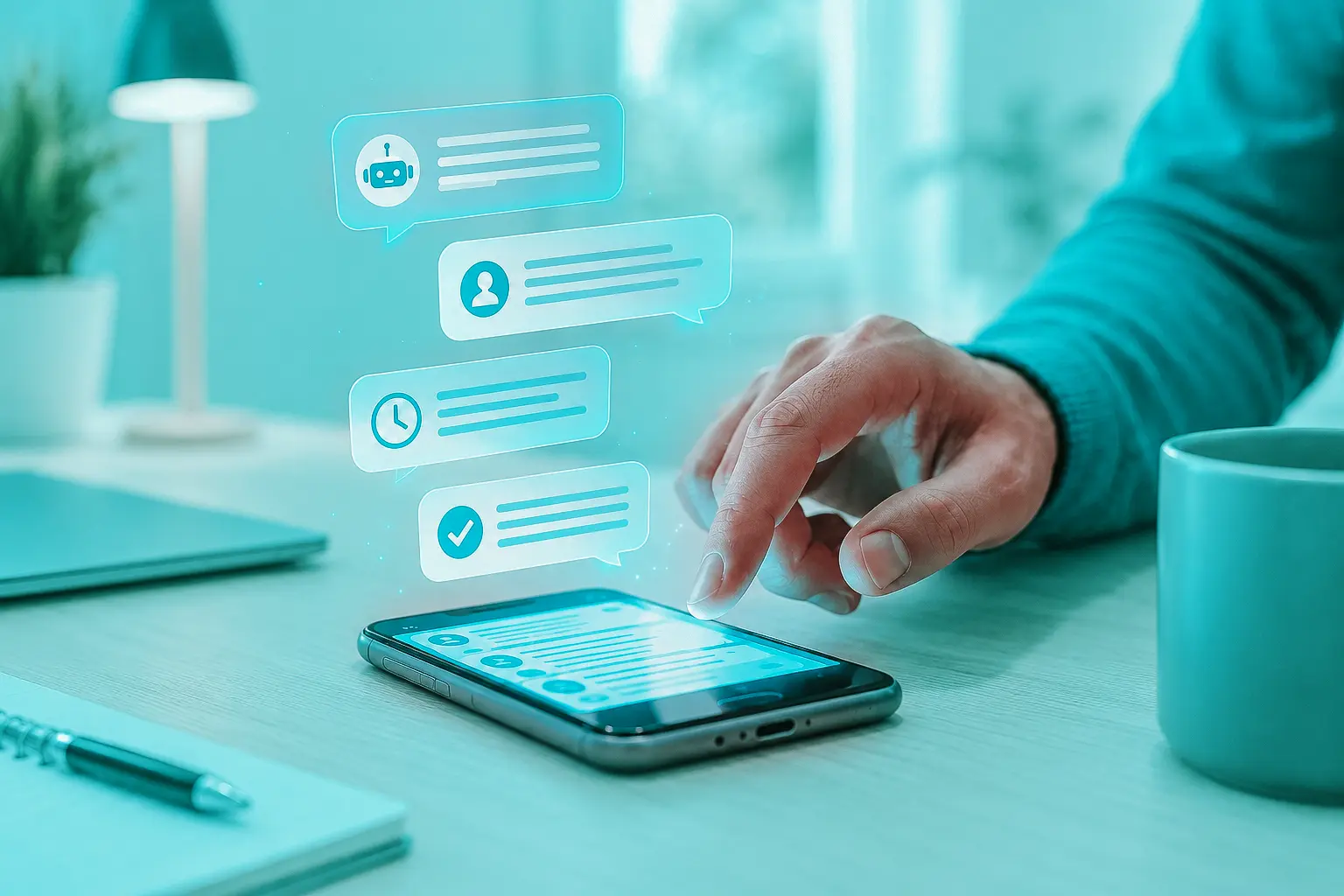 Pessoa utilizando smartphone com mensagens automáticas de atendimento ao cliente
