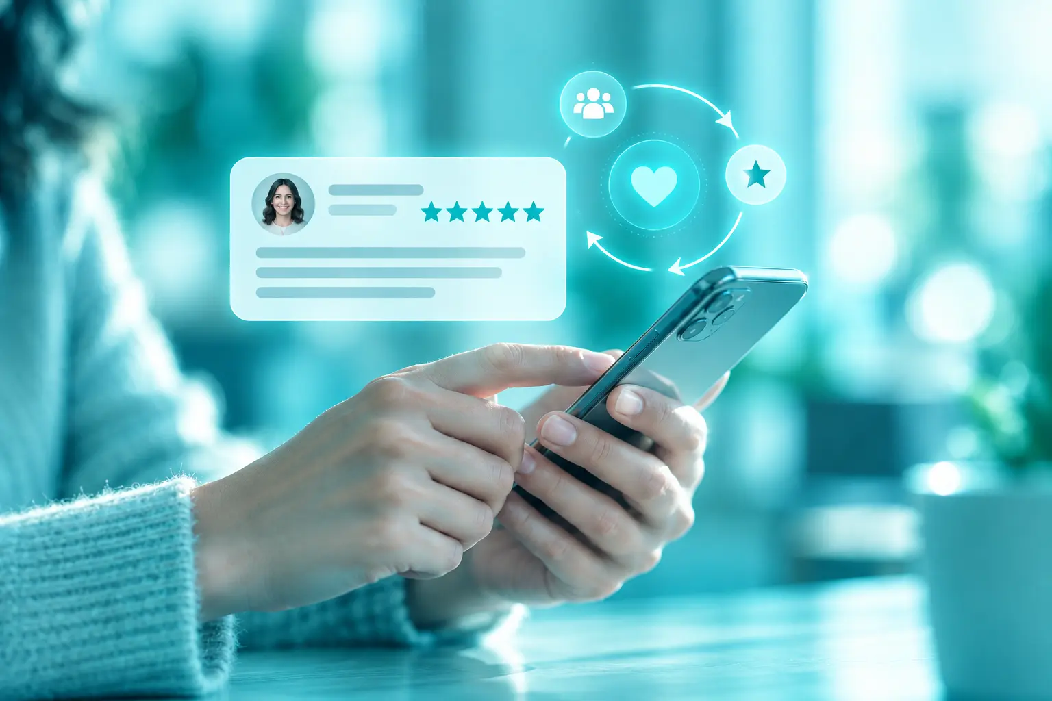 Cliente avaliando atendimento pelo celular com destaque para feedback e lealdade
