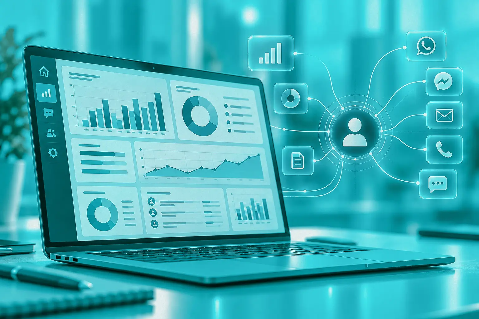 Notebook com dashboard de atendimento e canais digitais para data storytelling