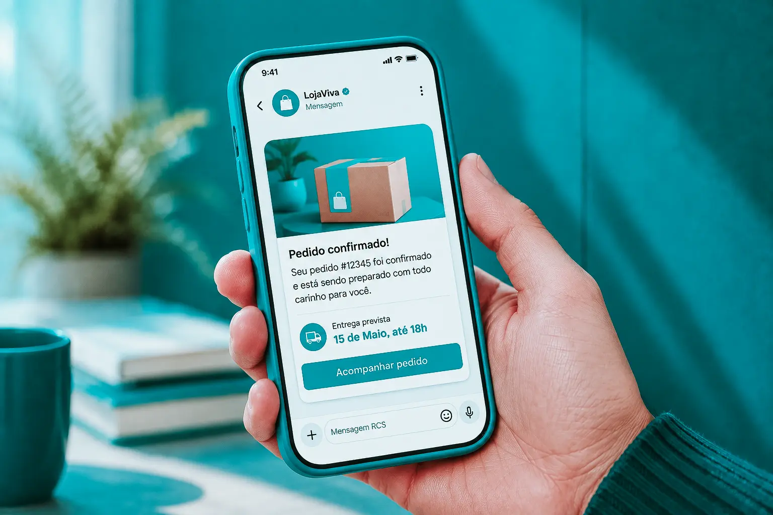 Mensagem RCS de confirmação de pedido com imagem e botão para acompanhar a entrega