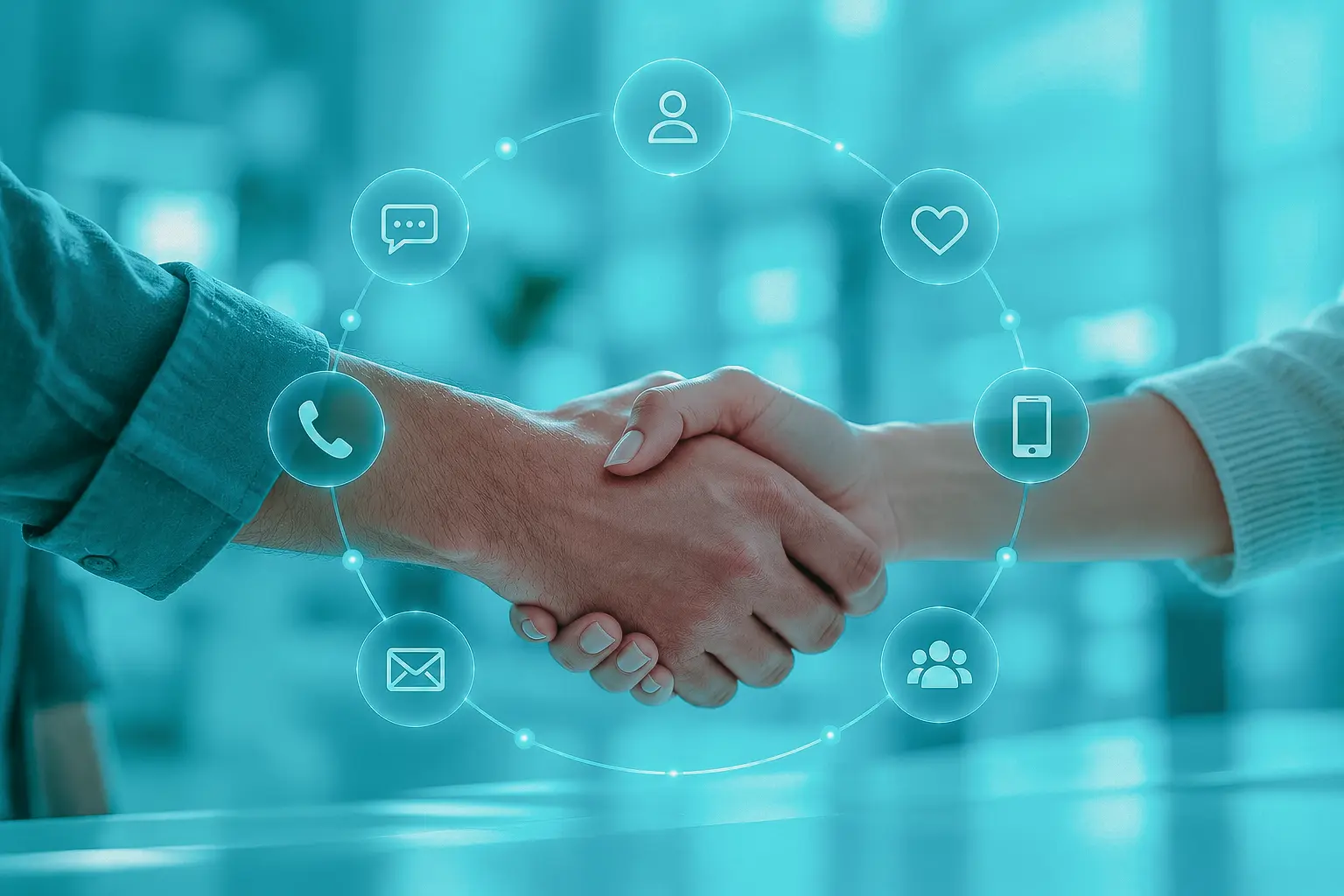 Aperto de mãos com ícones digitais representando rapport no atendimento ao cliente