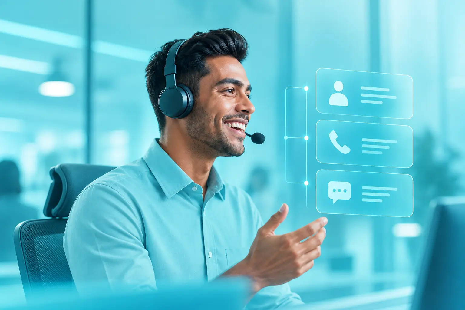 Profissional com headset realizando uma cold call, com ícones de contato, telefone e mensagens representando a prospecção por telefone.