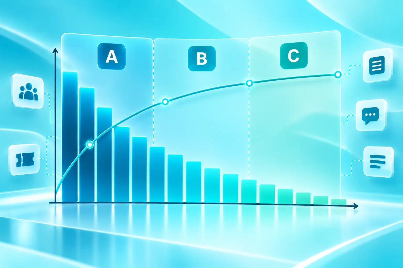 Gráfico da curva ABC com barras decrescentes, linha de percentual acumulado e classes A, B e C para classificação de clientes e demandas.