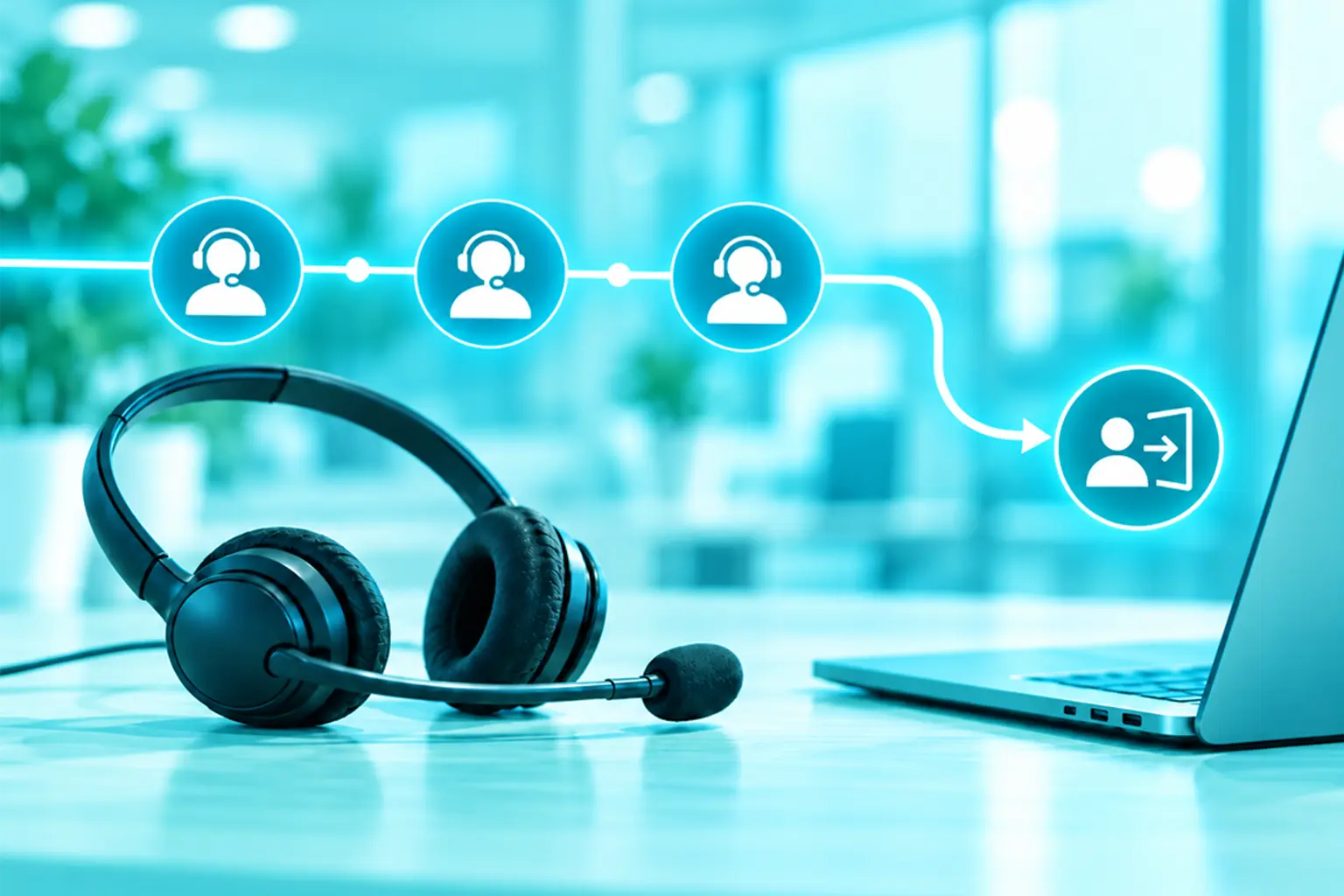 Headset de atendimento com fluxo de agentes representando taxa de abandono no atendimento ao cliente