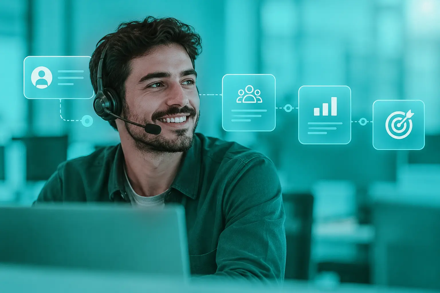 Profissional com headset em frente ao computador, com ícones de contatos, equipes, indicadores e metas, representando a atuação do SDR na pré-venda B2B.