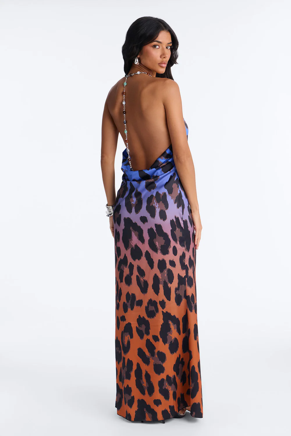 Giana Boncuk İşlemeli Sırt Detaylı Maxi Elbise - Mavi/Kombinasyon