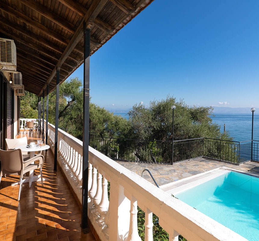 Dimitra Studios, Balcony with pool and sea view