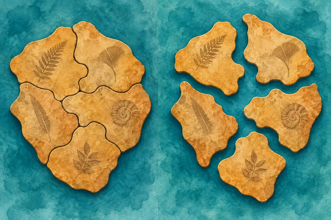 Matching fossil-marked landmass puzzle pieces joined together and separated by water
