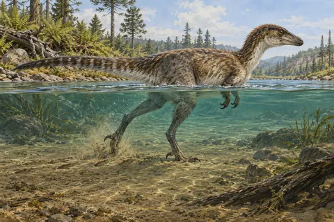 Small theropod crossing shallow water with claw tips touching the bottom