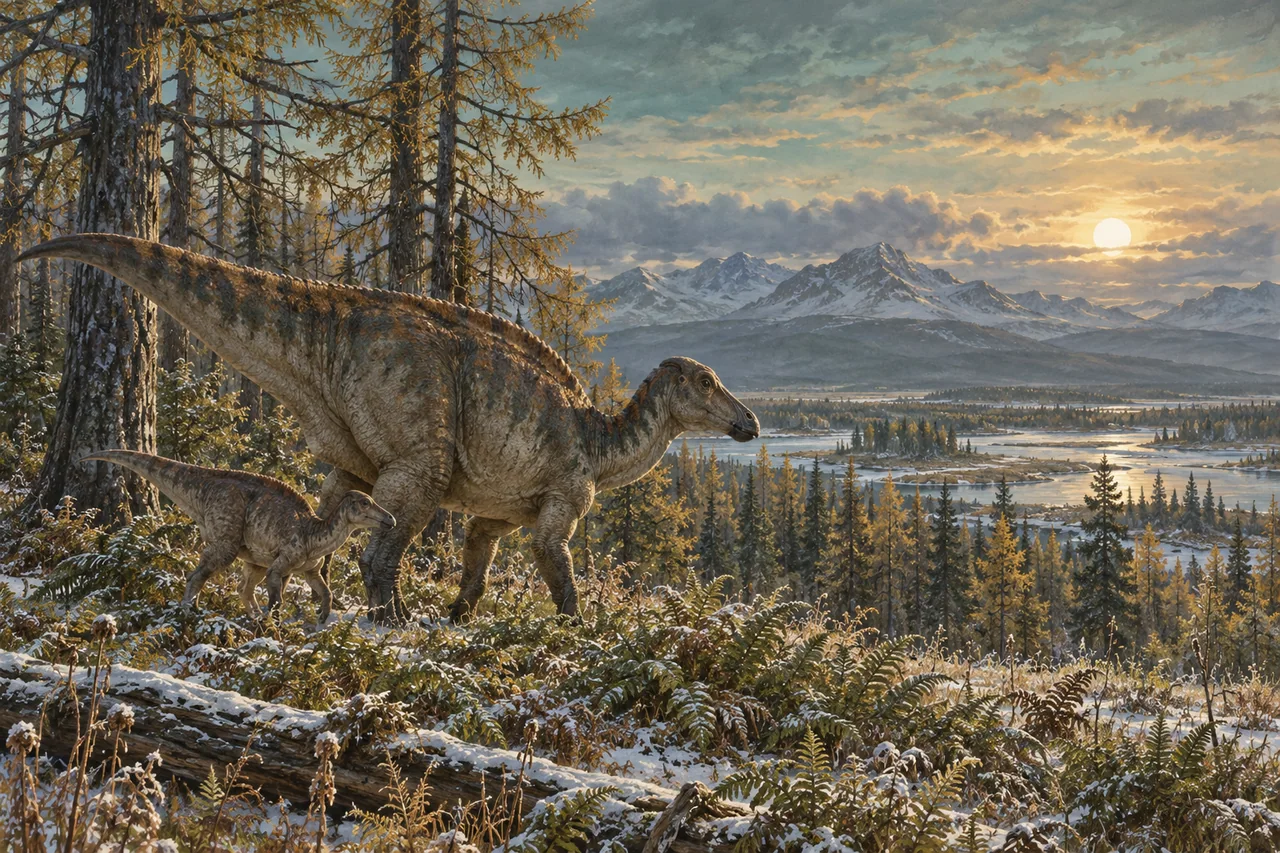 Hadrosaur family in an ancient high-latitude conifer forest under low winter light