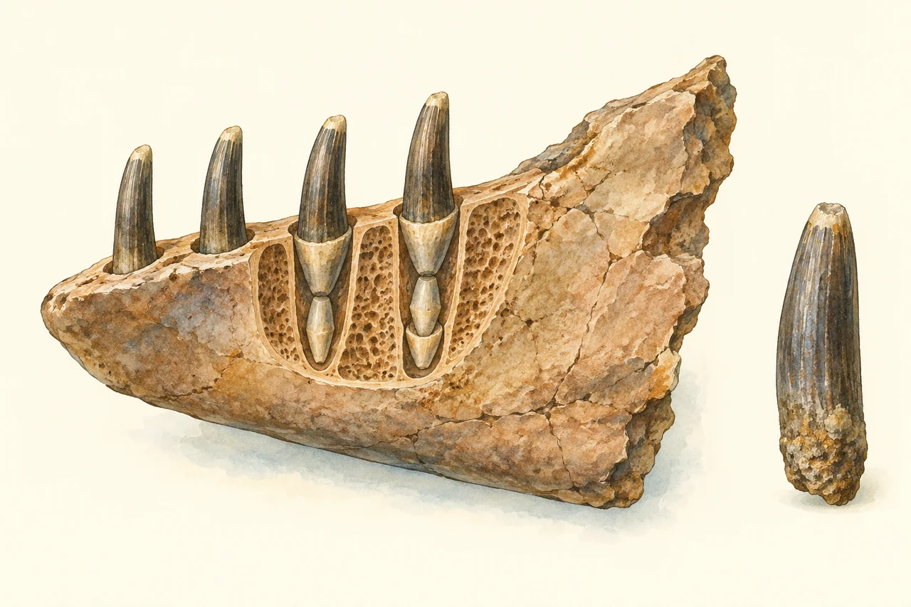 Cutaway of a partial sauropod jaw with developing replacement teeth beneath four working pegs