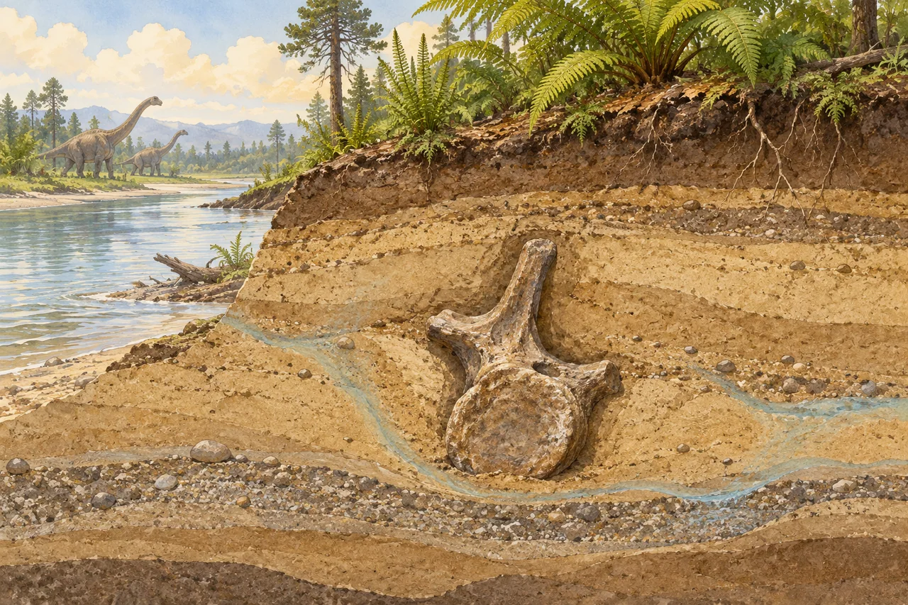 Cutaway illustration of a dinosaur bone buried in layered river sediment