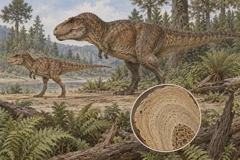 Juvenile and adult tyrannosaurs beside a magnified fossil bone cross-section