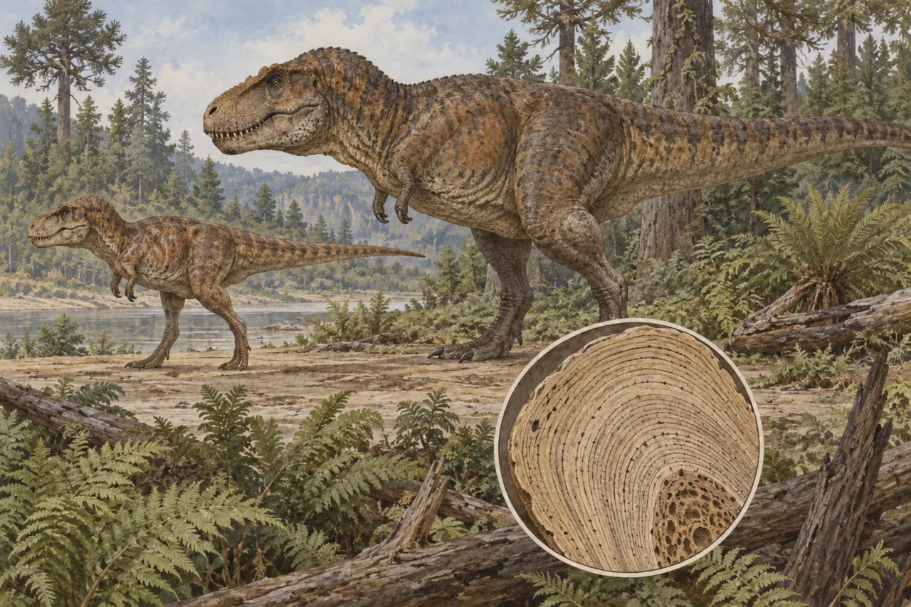 Juvenile and adult tyrannosaurs beside a magnified fossil bone cross-section