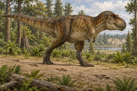 Tyrannosaurus walking naturally with its tail balanced above the ground
