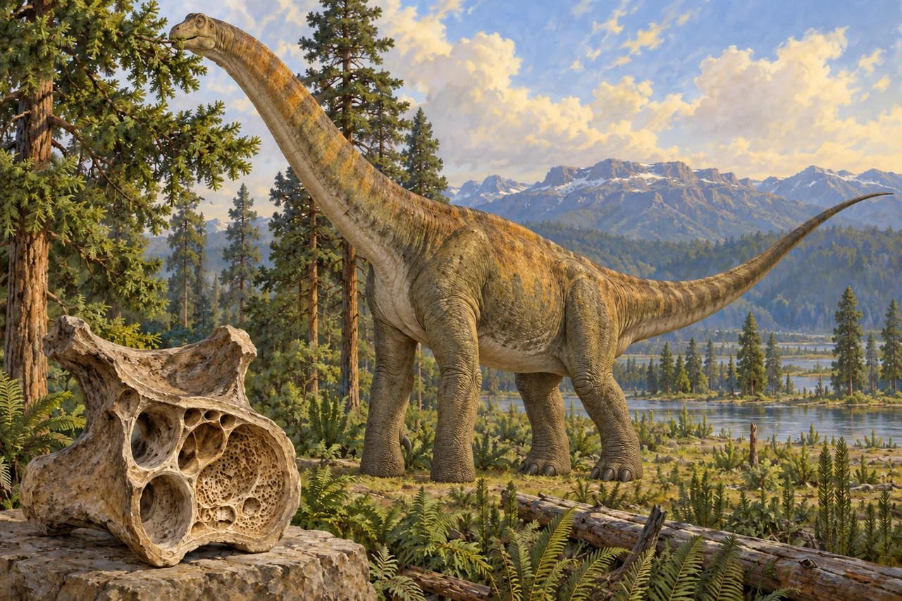 Sauropod browsing among conifers with a separate view of its air-filled neck vertebra
