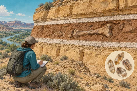Dinosaur fossil layer between two volcanic ash beds in a rock cutaway