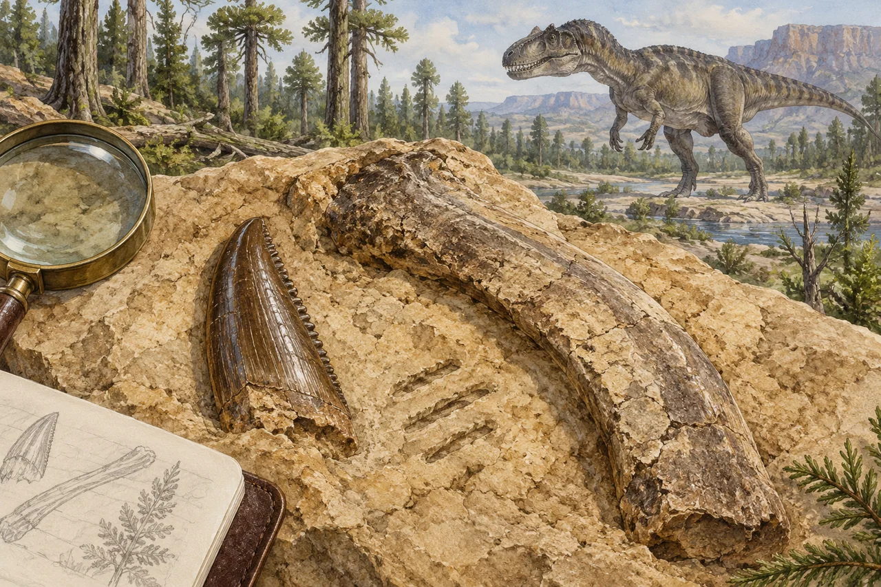 Fossil tooth beside a dinosaur bone with scientifically illustrative bite traces