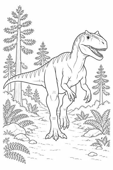 Allosaurus dinosaur coloring page: forest path