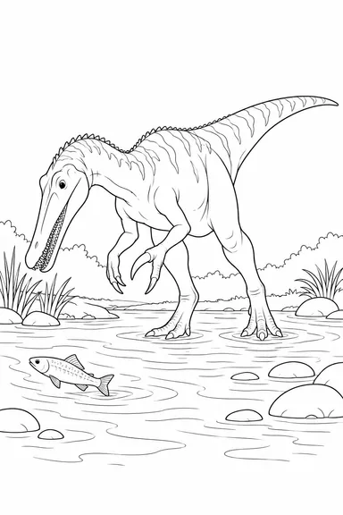 Baryonyx dinosaur coloring page: fish by the river
