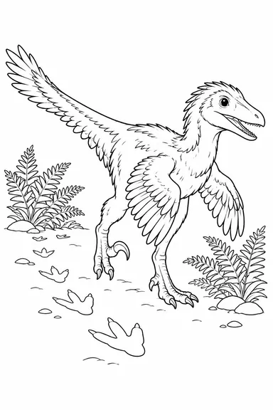 Deinonychus dinosaur coloring page: feathered footprints
