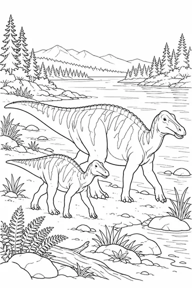 Edmontosaurus dinosaur coloring page: riverside herd