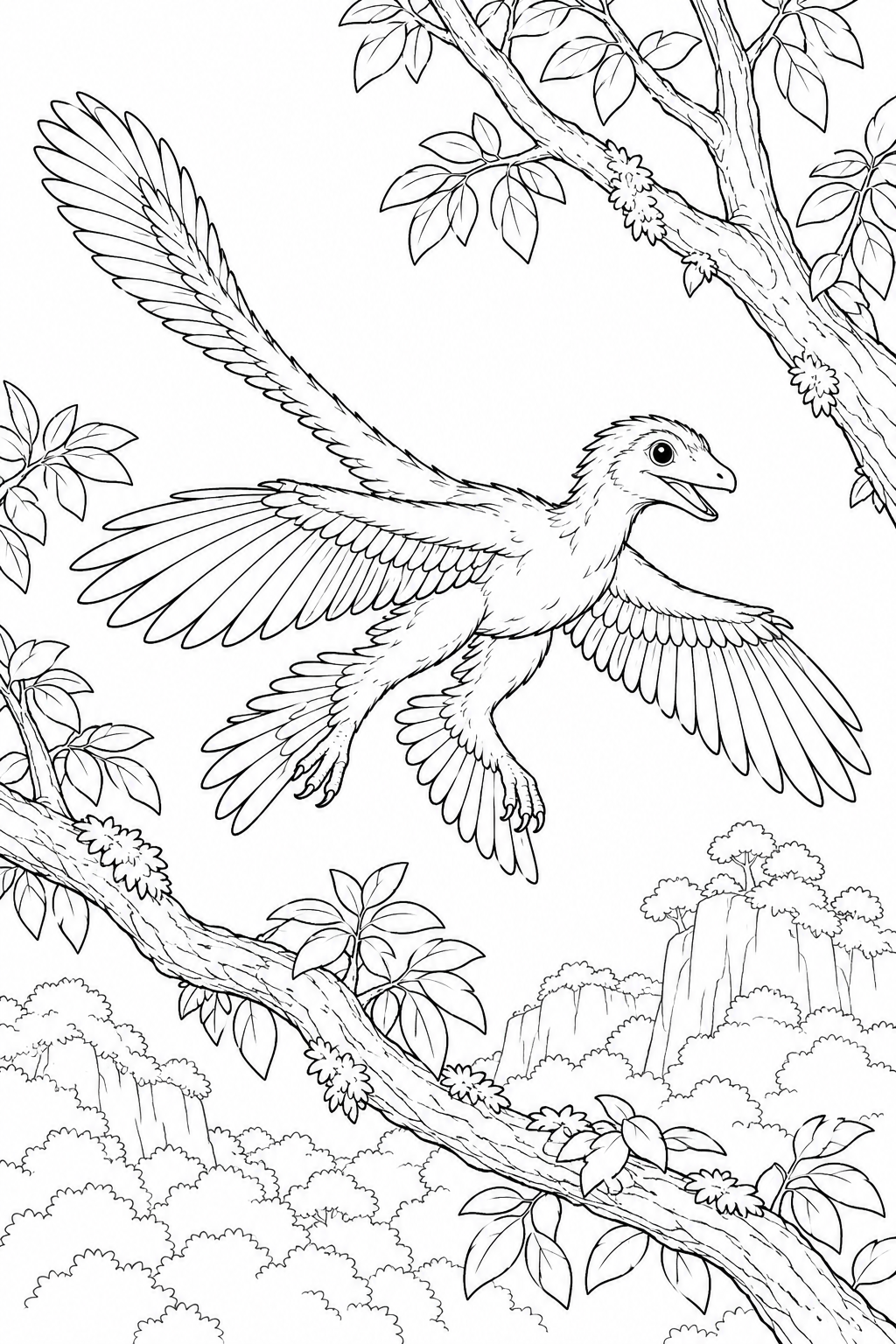 Microraptor dinosaur coloring page: four feathered wings