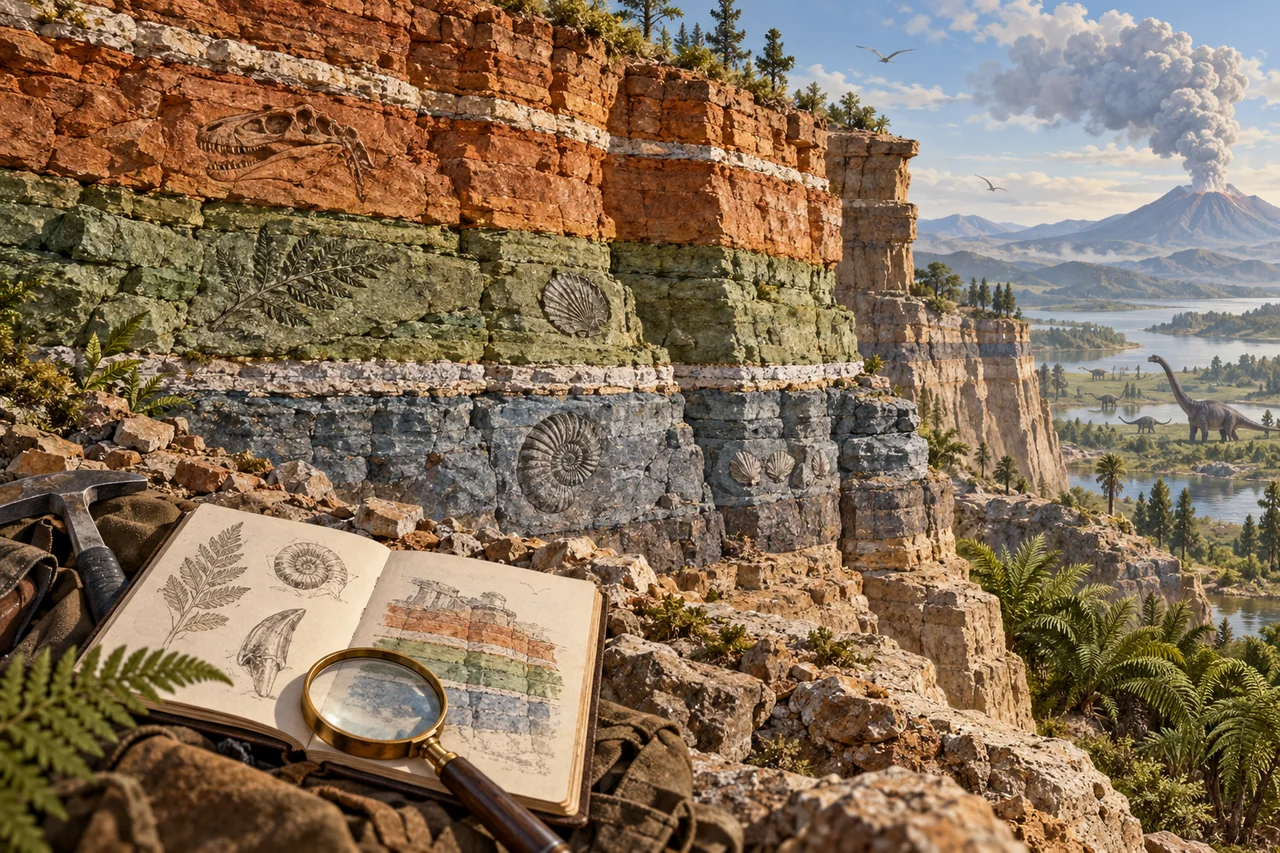 Dinosaur fossils preserved in layered rock beside a geological research notebook