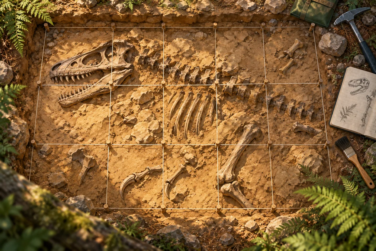 A palaeontologist's field notebook beside a mapped dinosaur fossil excavation