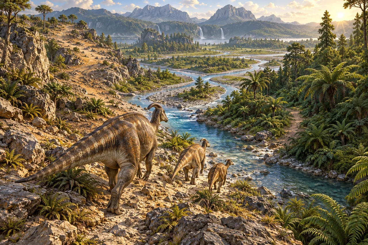 A hadrosaur herd travelling through a branching prehistoric river valley