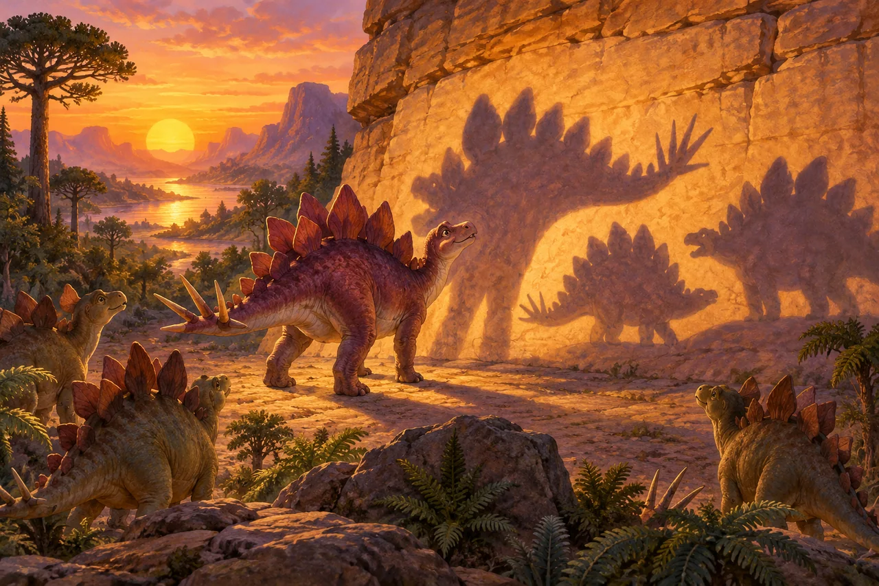 Sora the Stegosaurus casts a long, clearly plated shadow across a glowing sandstone wall at sunset.