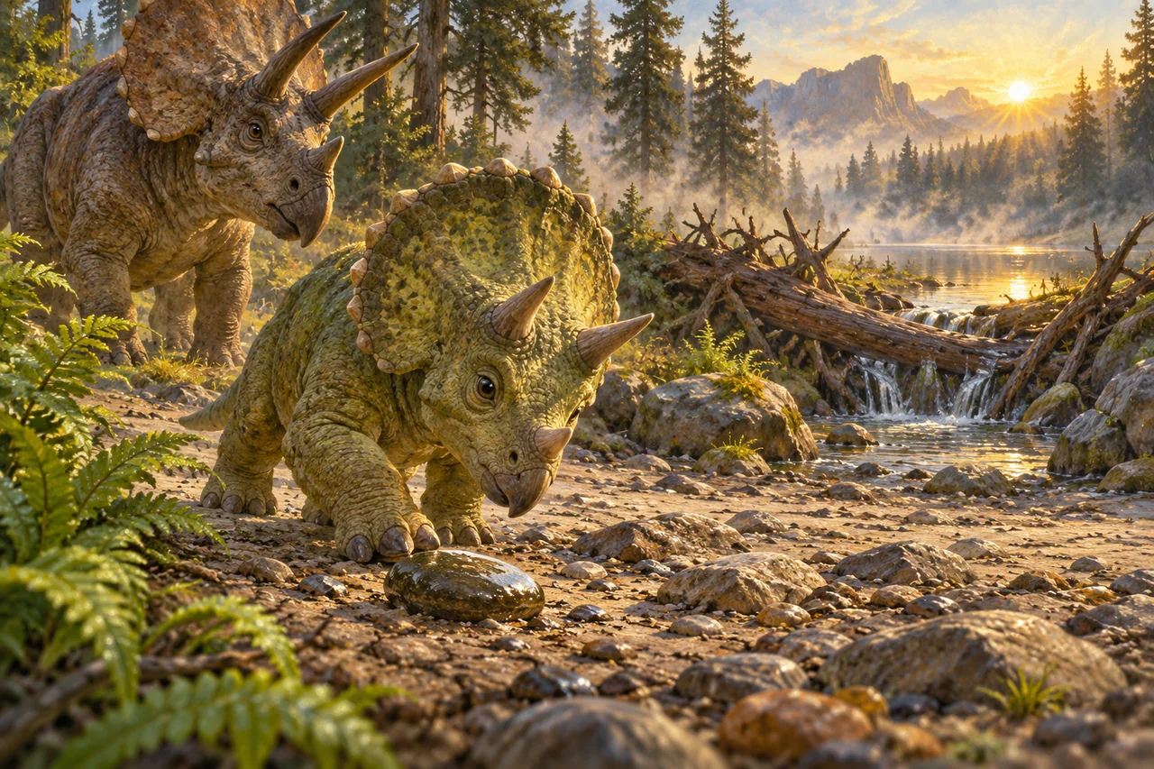 Tansy the young Triceratops examines a wet stone beside a dry river channel, with a green floodplain beyond.