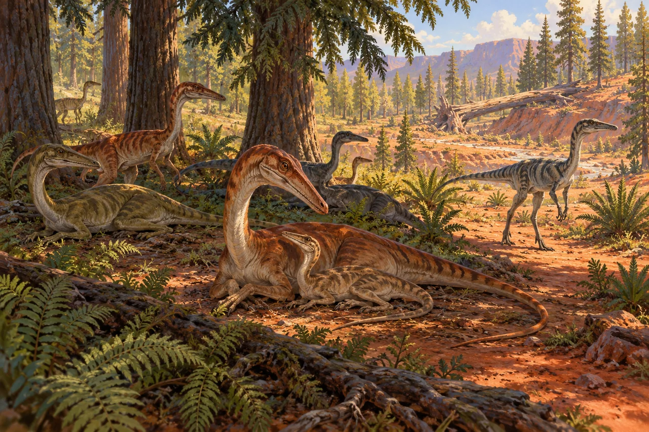 A group of slender Coelophysis rest in scattered patches of shade beneath tall trees in a warm red-earth woodland.