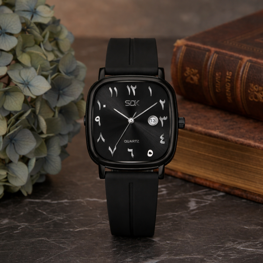 Black Arabic Dial Silicone Strap Watch-Black