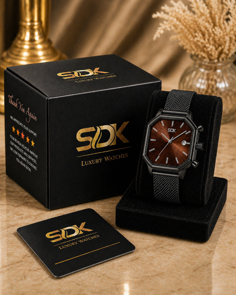 Black Mesh Date Watch-Brown
