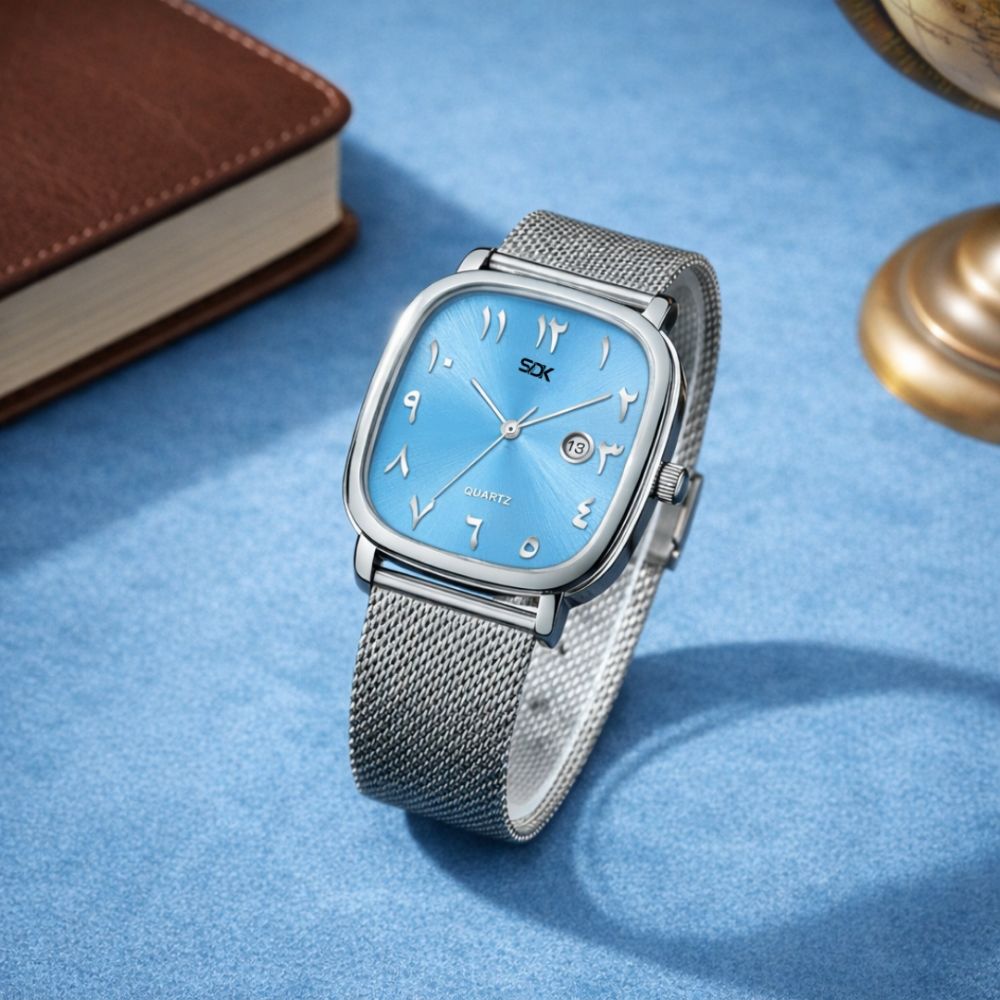 Silver Arabic Dial Mesh Watch-SKY BLUE