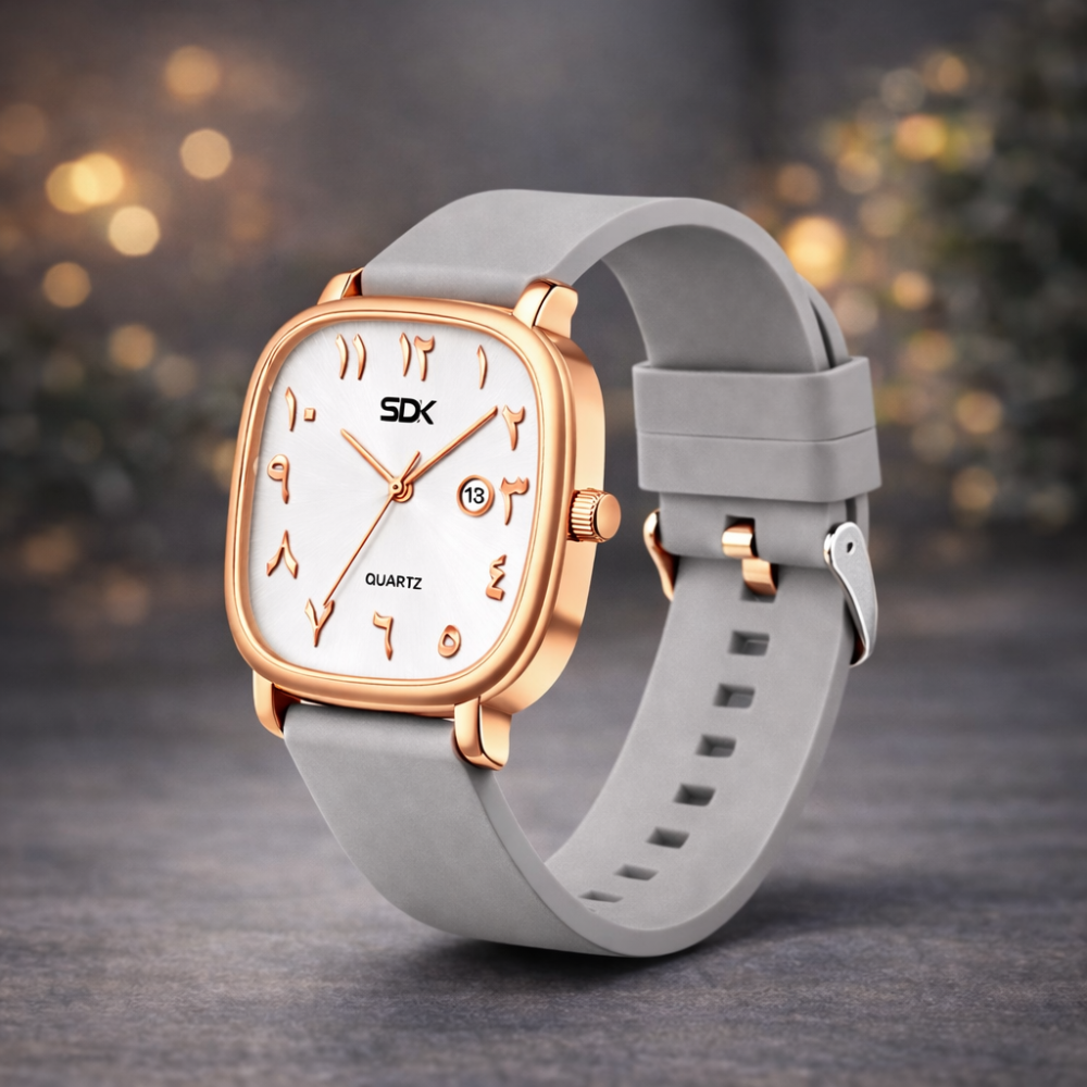 Rose Gold Arabic Dial Quartz Watch-Grey
