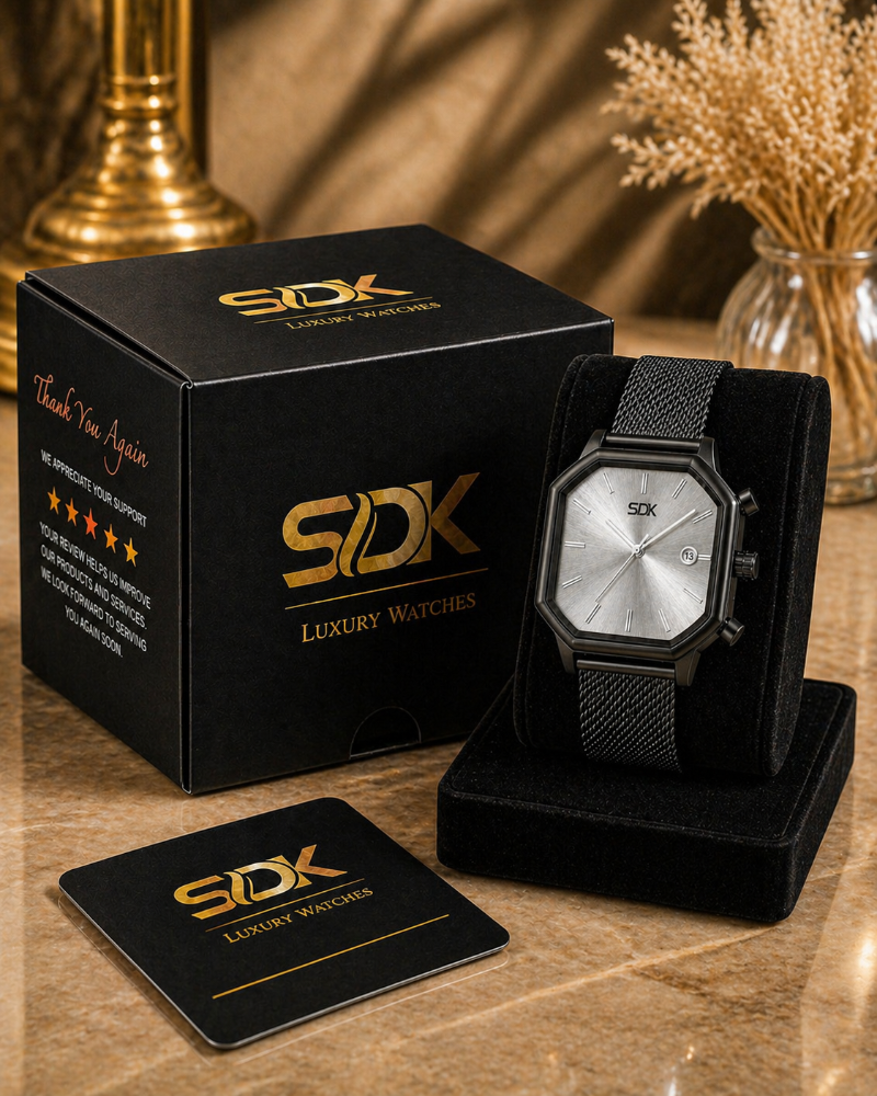 Black Mesh Date Watch-Silver