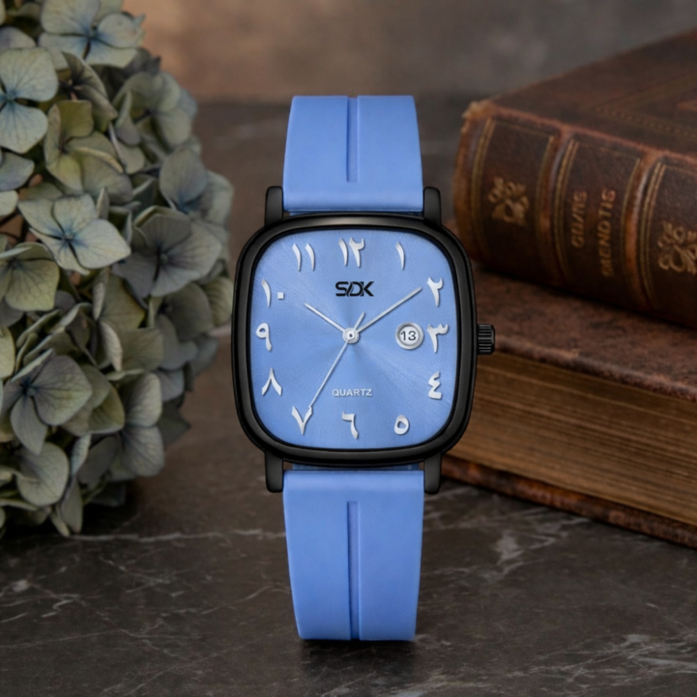Black Arabic Dial Silicone Strap Watch-Sky-Blue