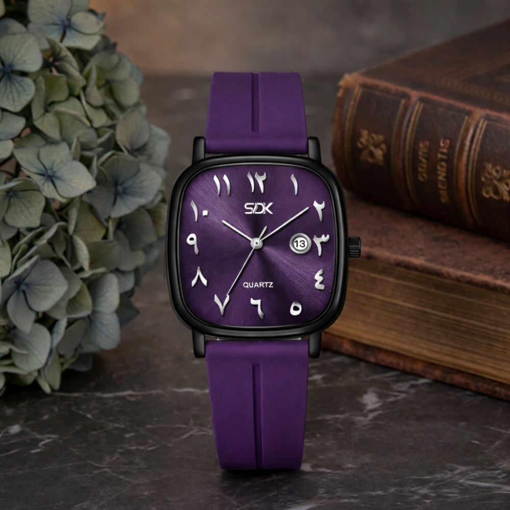 Black Arabic Dial Silicone Strap Watch-Purple