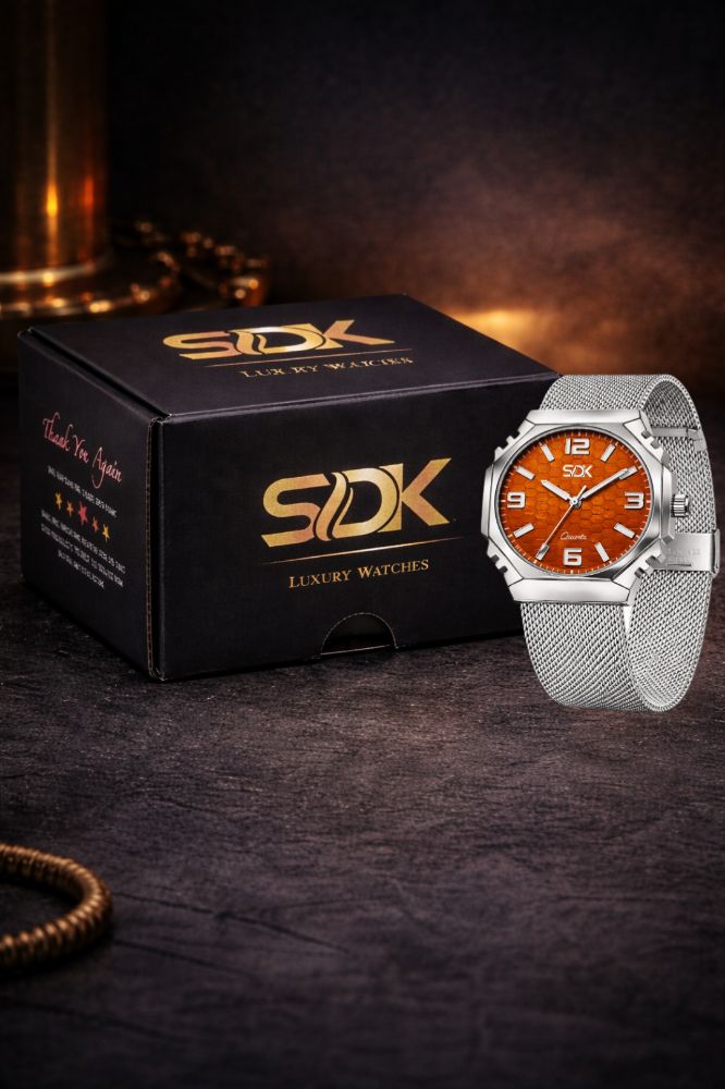 Silver Hexa Mesh Watch-Brown