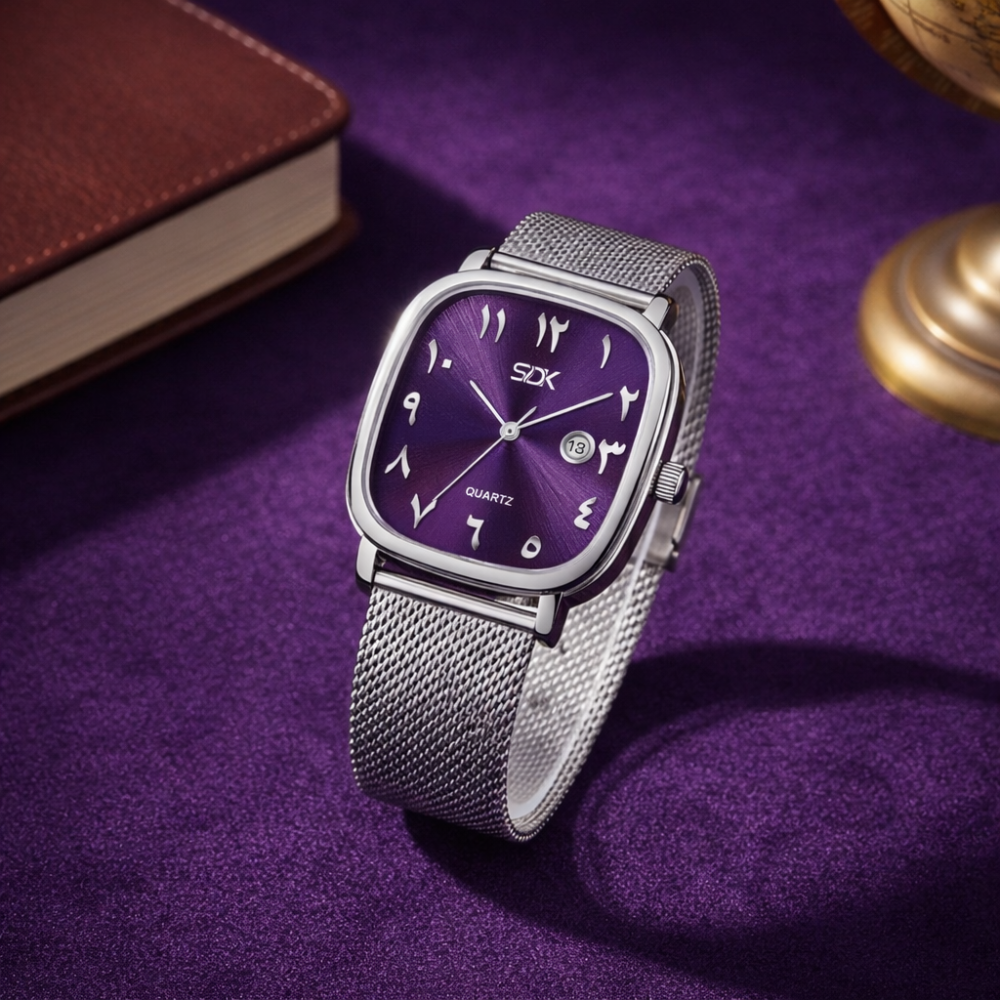 Silver Arabic Dial Mesh Watch-Purple