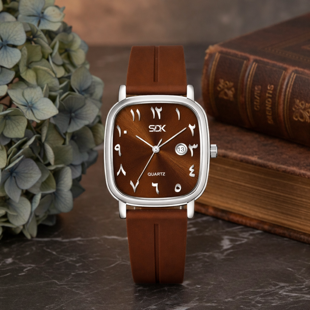 Silver Arabic Dial Premium Watch-Brown